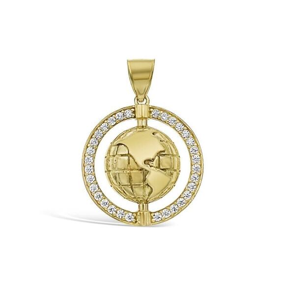 Globe Earth Pendant Charm 10k Yellow Gold CZ 1 inch - Picture 1 of 2
